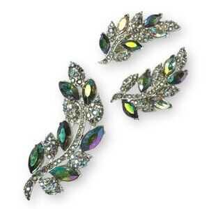 Vintage Aurora Borealis Rhinestone Leaf Brooch Earrings Set Silver Tone 1950s